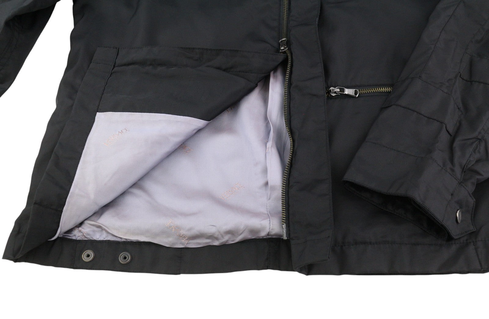 VERSACE Men Jacket 50 Black High Neck Lined Zip Pockets Lightweight