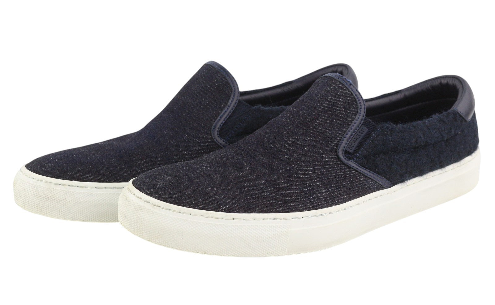MONCLER Men Flats EU41 Dark Blue Denim Style Slip On Leather Trim