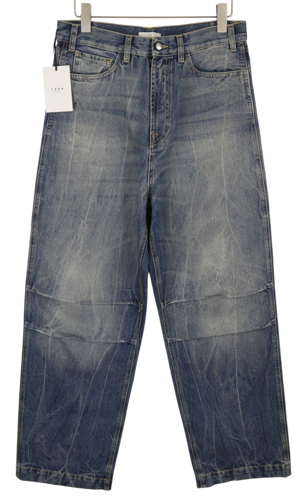 1989 STUDIO Men Jeans W32 Blue Pleated Knees Wide Leg Zip Denim