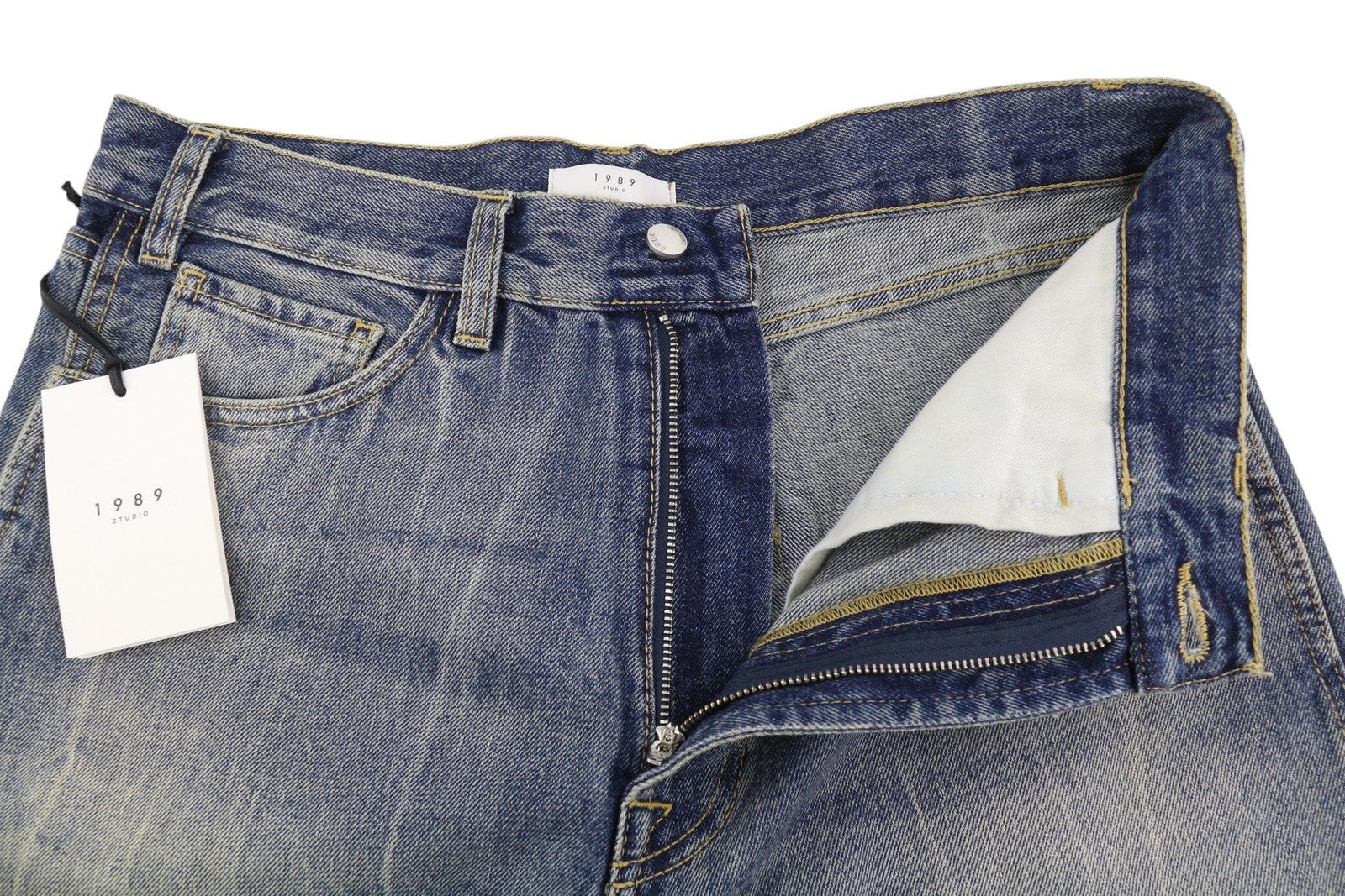 1989 STUDIO Men Jeans W32 Blue Pleated Knees Wide Leg Zip Denim