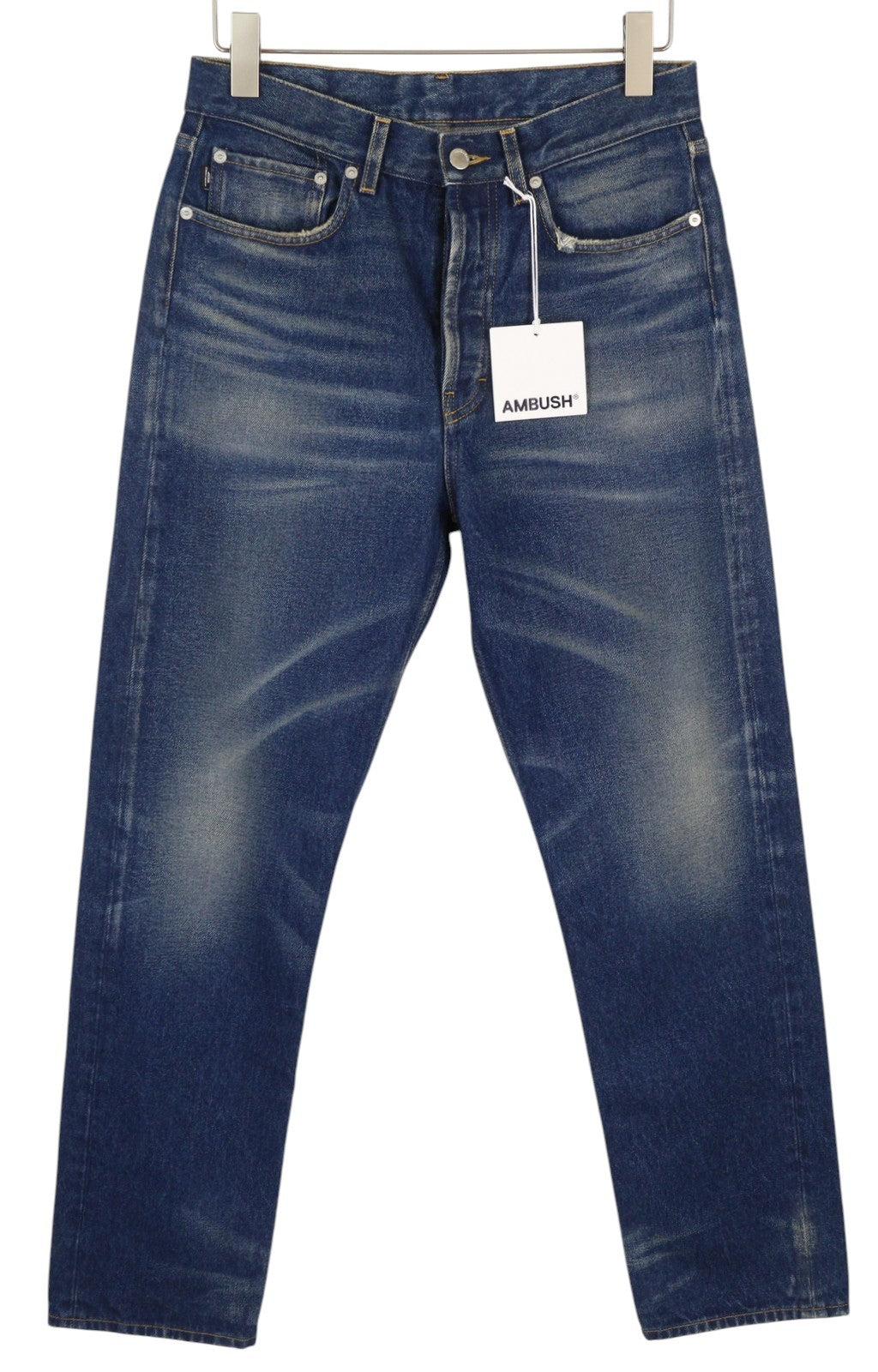 AMBUSH Men Jeans W30 Blue Washed Whiskers Slim Button Fly Denim