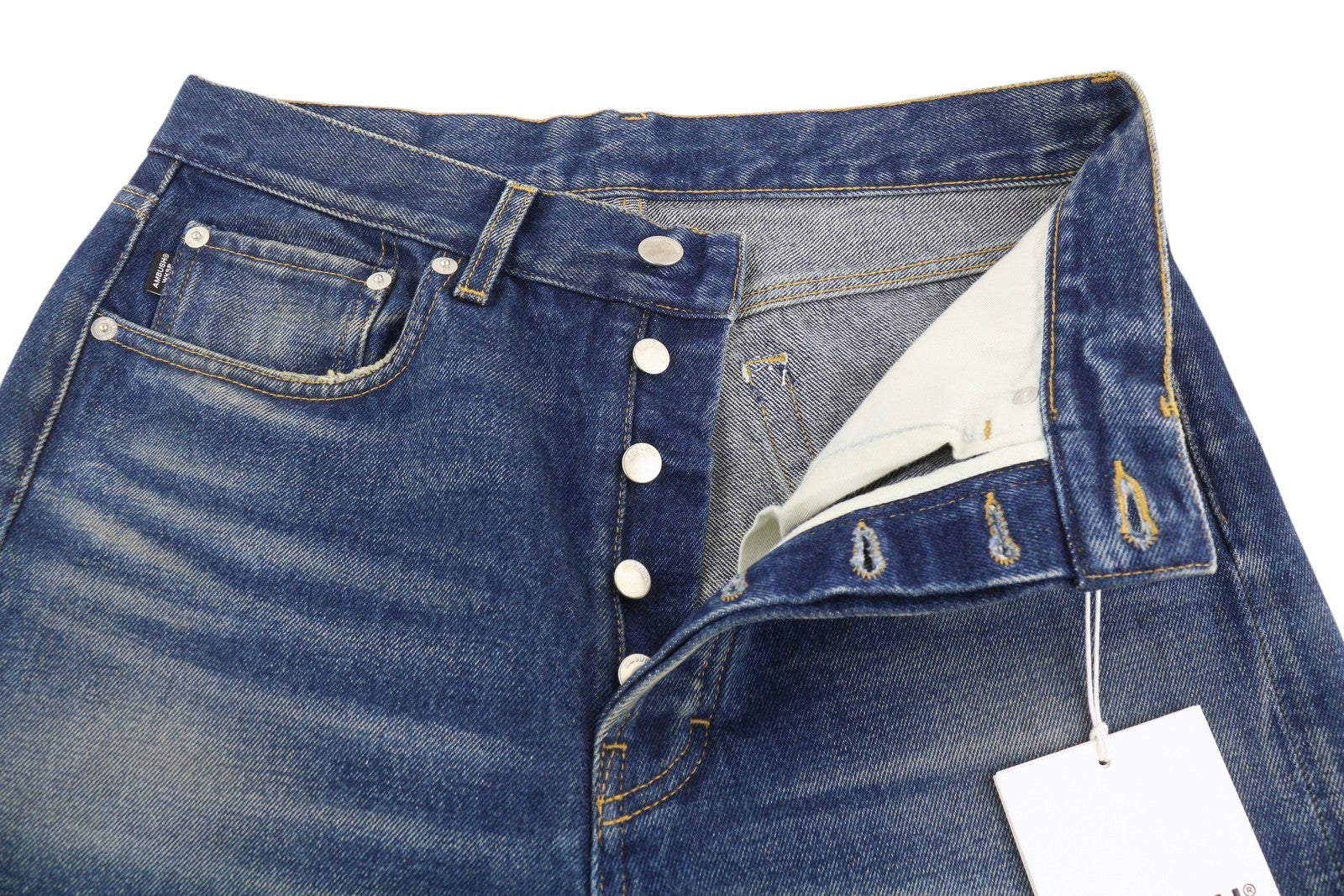AMBUSH Men Jeans W30 Blue Washed Whiskers Slim Button Fly Denim