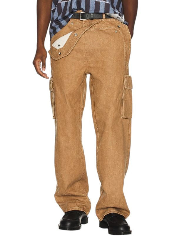 LE PERE Peek-A-Boo Men Trousers W34 Beige Wrinkled Cargo Denim RRP550