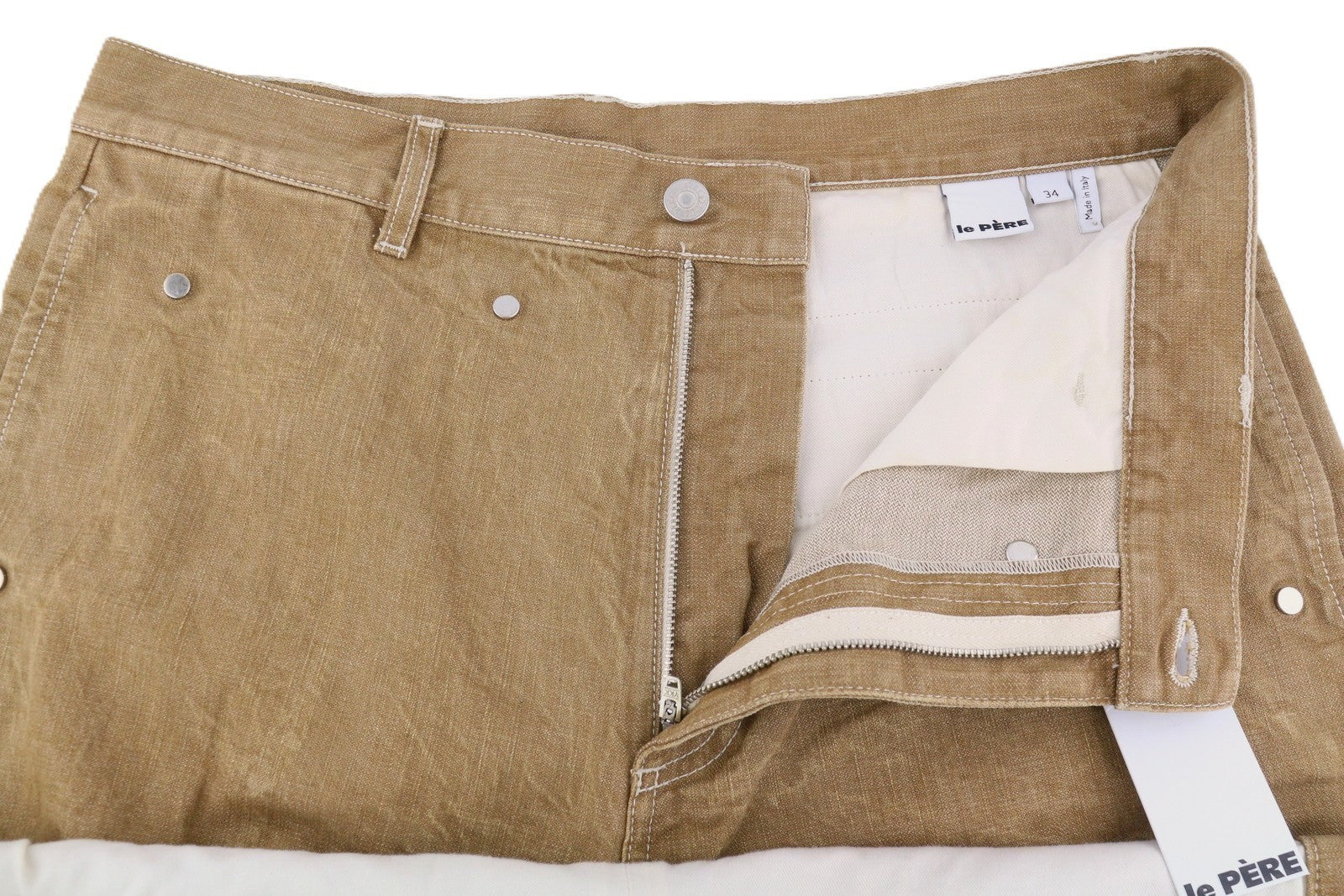 LE PERE Peek-A-Boo Men Trousers W34 Beige Wrinkled Cargo Denim RRP550