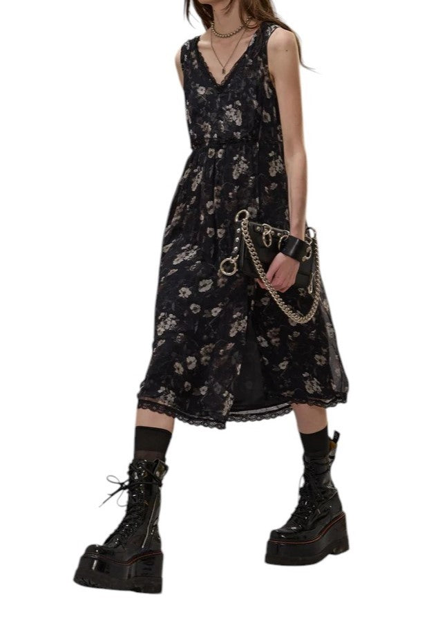 R13 Sleeveless V-Neck Midi Women Dress M Black Silk PF25 RRP1075