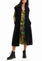 DESIGUAL Abrig Cameron Women Waistcoat M Black Wool Blend Fluffy Double Breasted