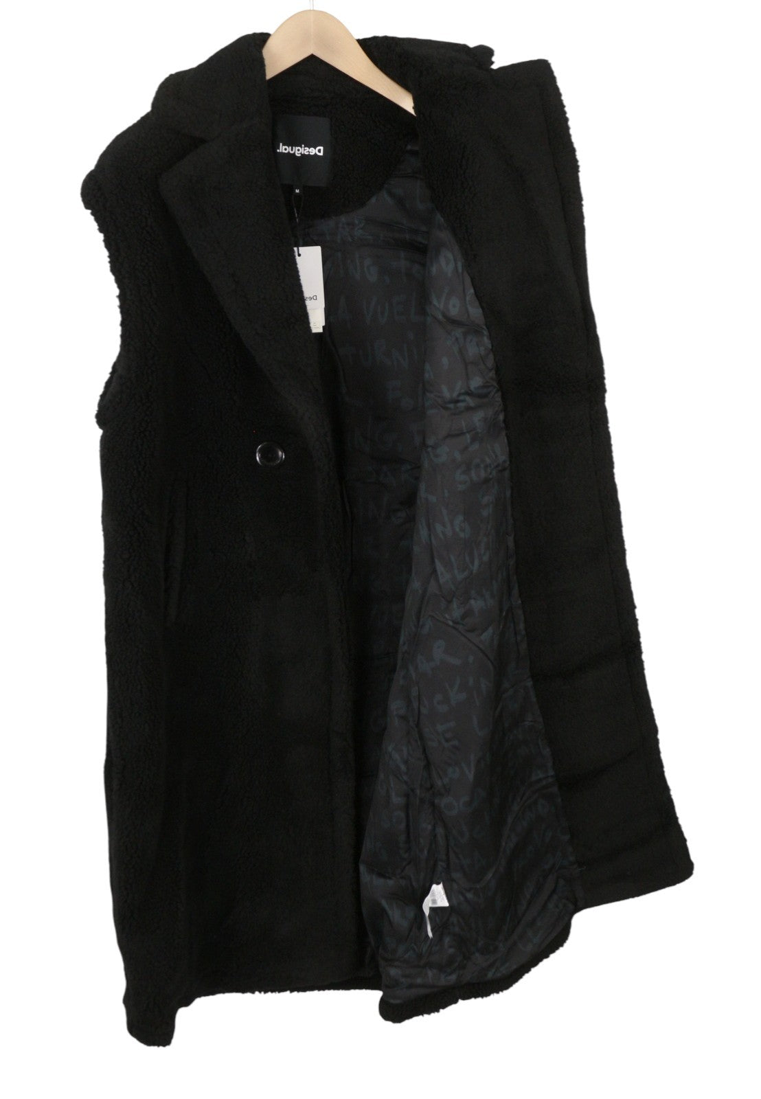 DESIGUAL Abrig Cameron Women Waistcoat M Black Wool Blend Fluffy Double Breasted