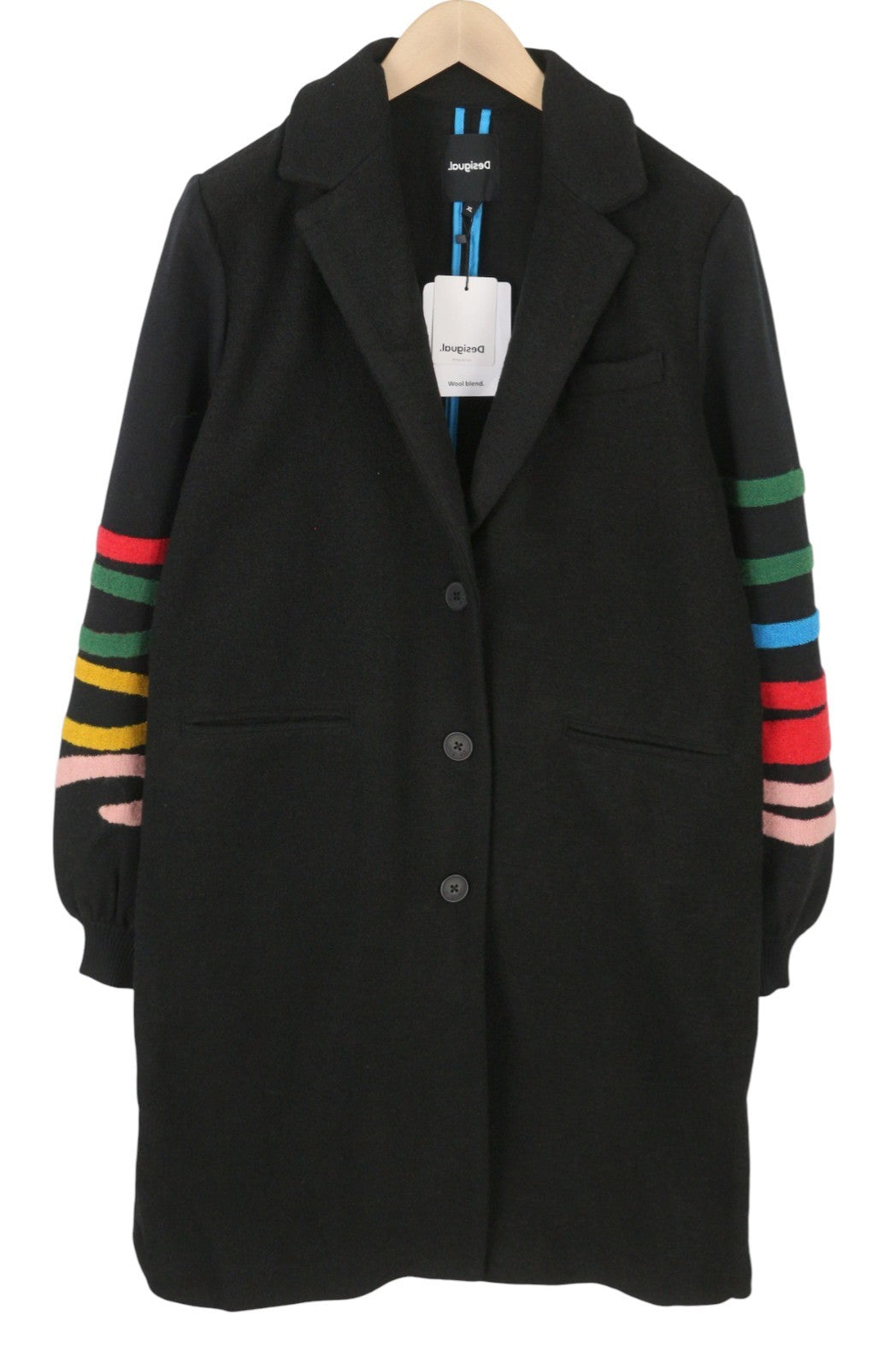 DESIGUAL Abric Estonia Women Coat XL Black Wool Blend Notch Lapel Mid-Length