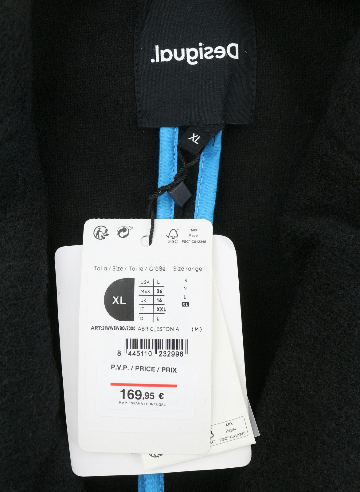 DESIGUAL Abric Estonia Women Coat XL Black Wool Blend Notch Lapel Mid-Length