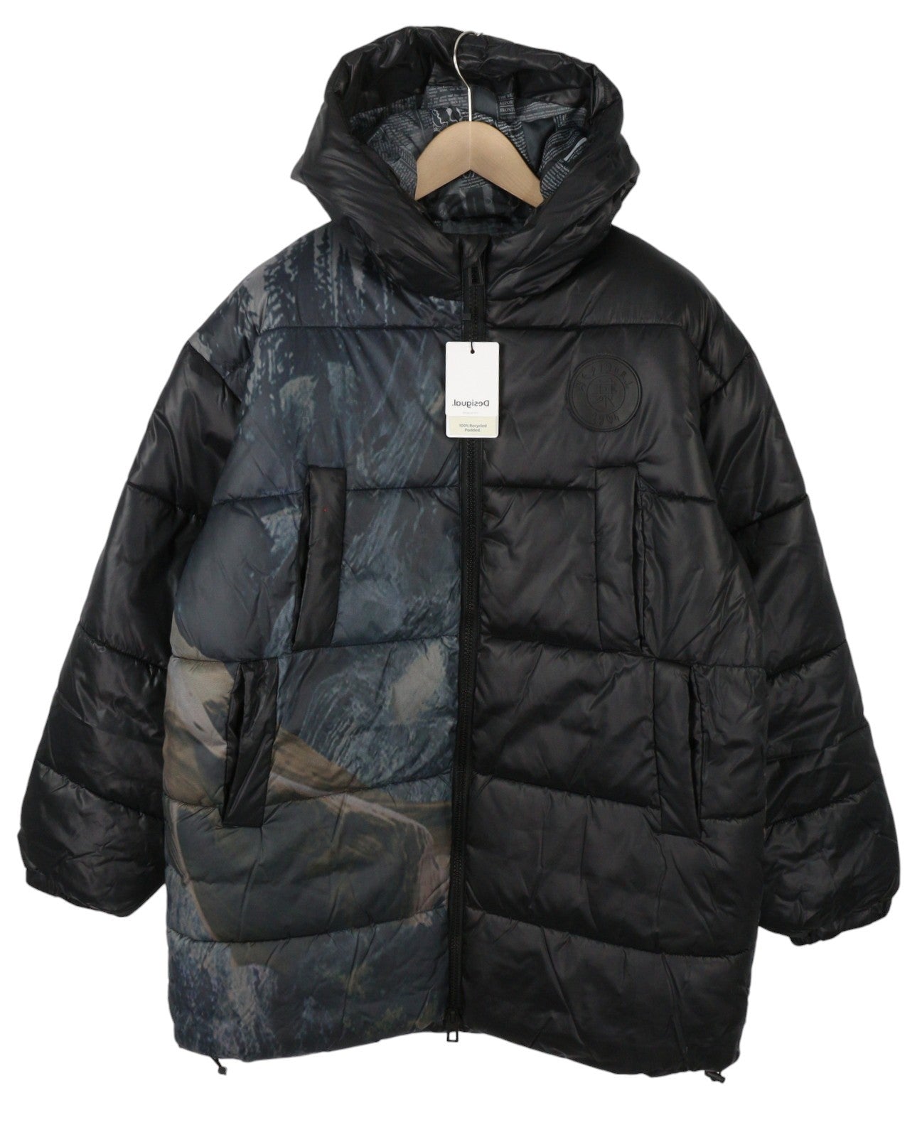 DESIGUAL Chaq Bowie Men Jacket M Black Oversized Quilted Padded Hooded Unisex