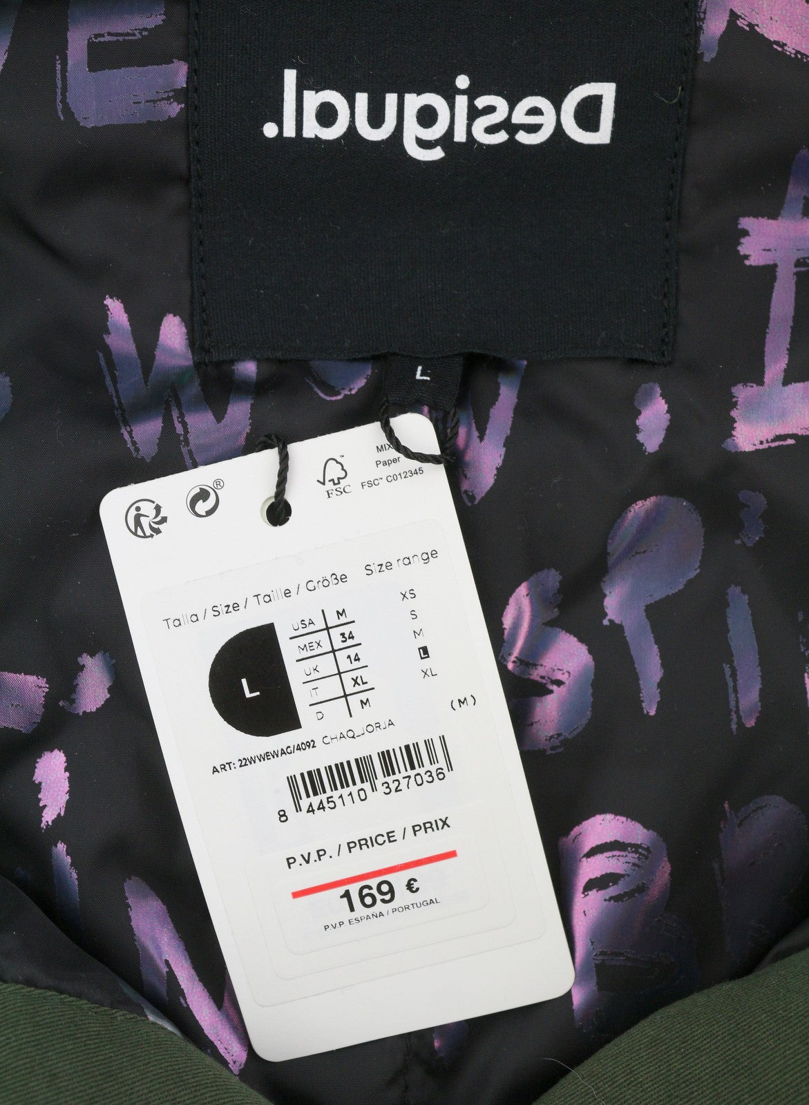 DESIGUAL Chaq Jorla Women Jacket L Dark Green Padded Hooded Mid-Length