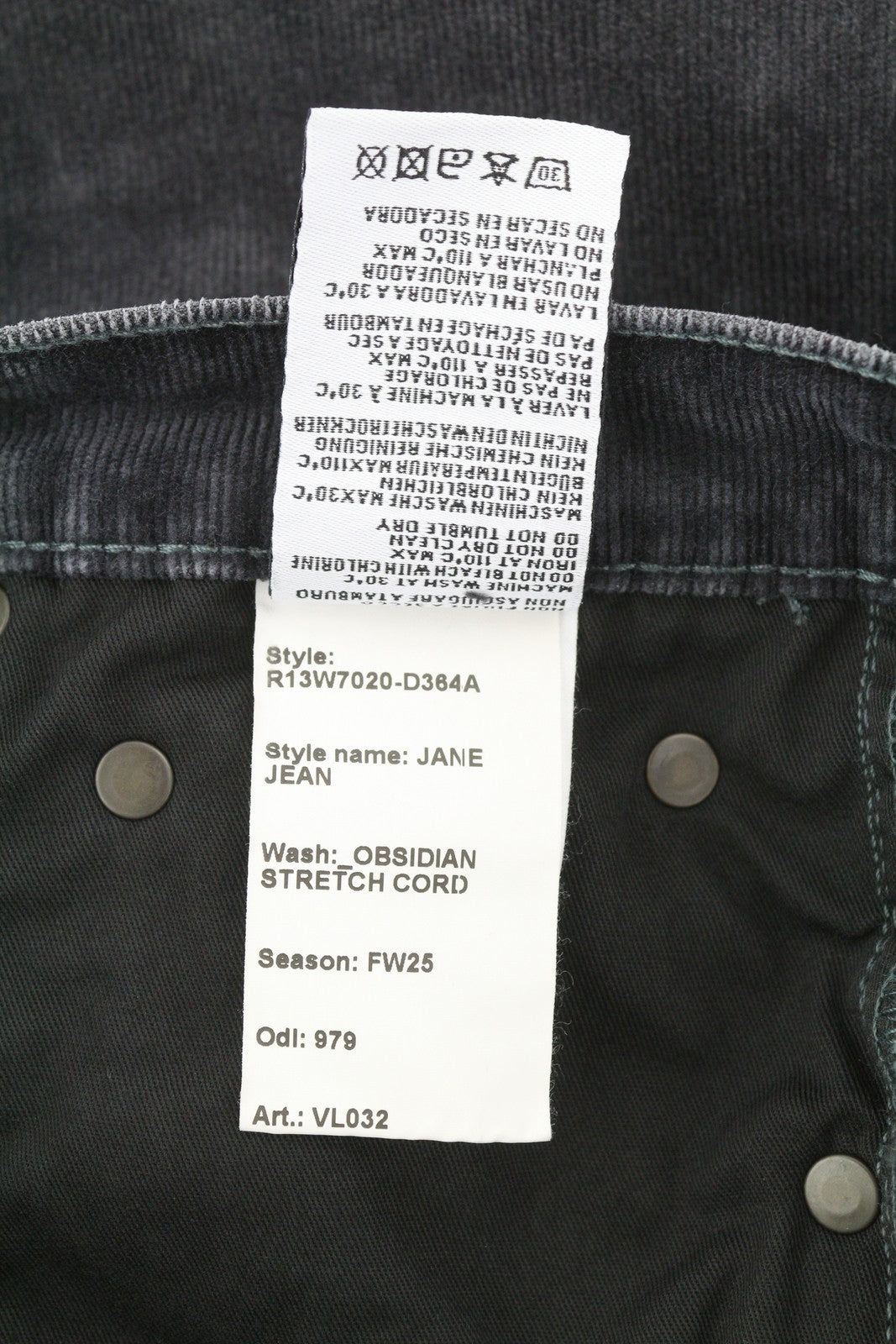 R13 Jane Women Trousers 24 Obsidian Cord FW25 RRP699