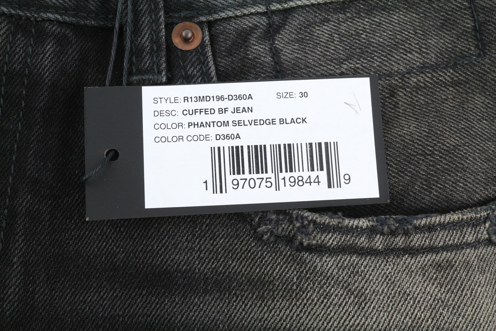 R13 Cuffed Boyfriend Men Jeans 30 Phantom Selvedge FW25