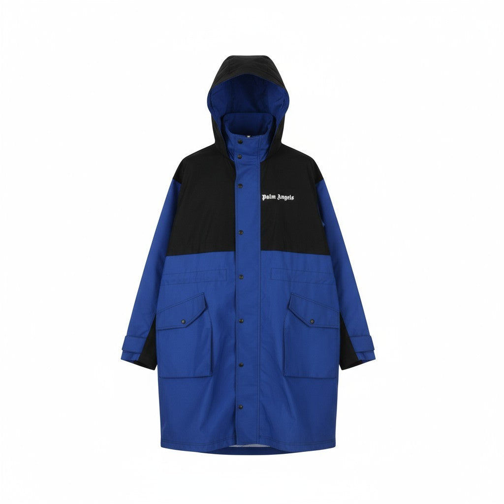 PALM ANGELS Men Jacket S Blue Hooded Overcoat Drawstring Waist Zip RRP1250