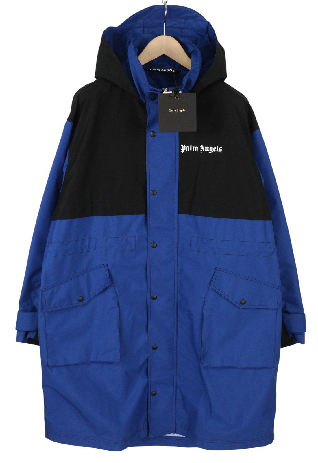 PALM ANGELS Men Jacket S Blue Hooded Overcoat Drawstring Waist Zip RRP1250