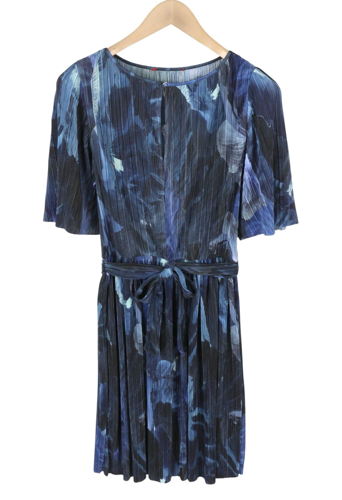 MAX&CO. Women Dress XS Blue Patterned Textured Belted Short Sleeved Knee-Length