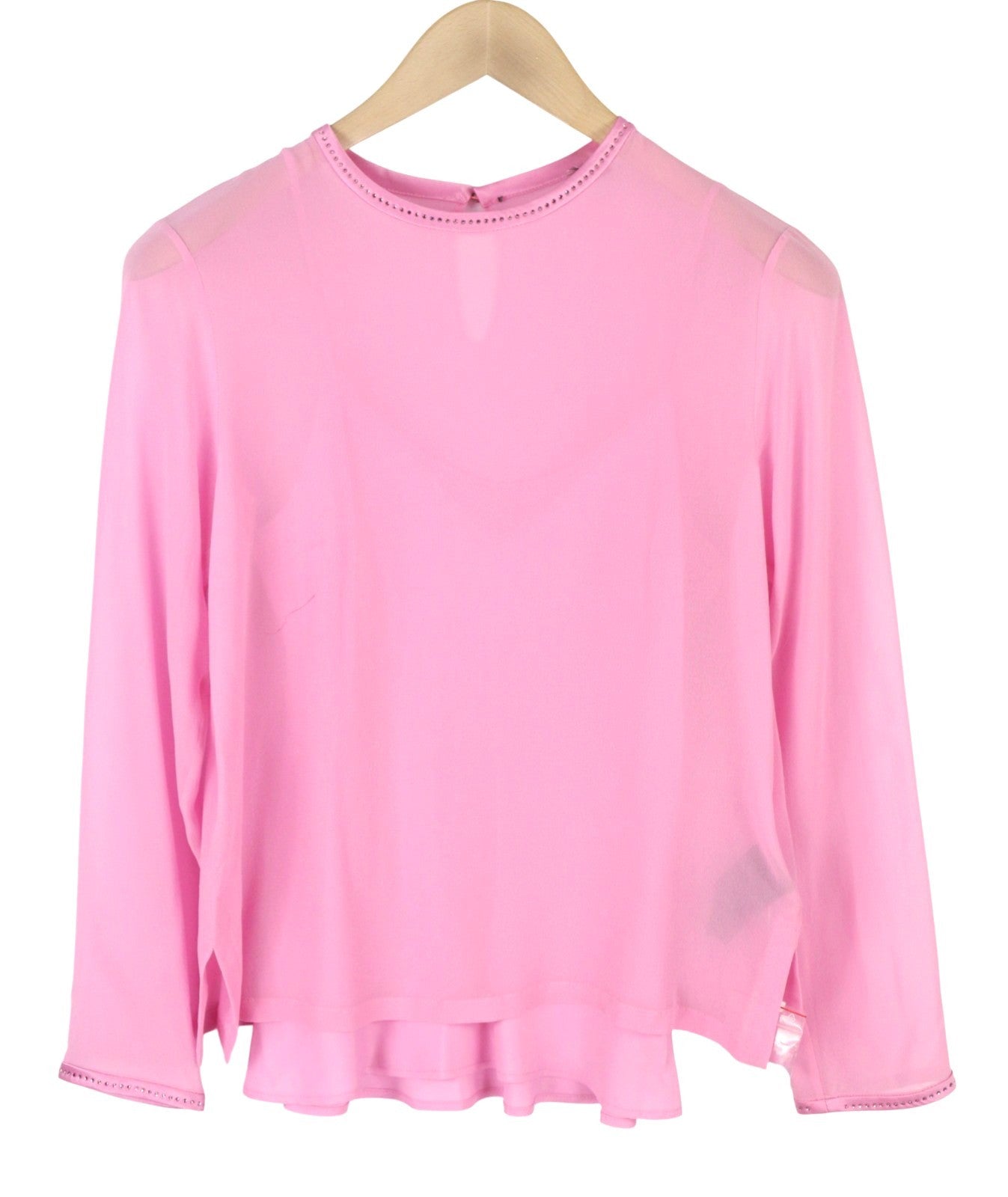 MAX MARA Women Blouse EU34 XS Pink 100% Silk Rhinestones Detail Long Sleeve 2in1