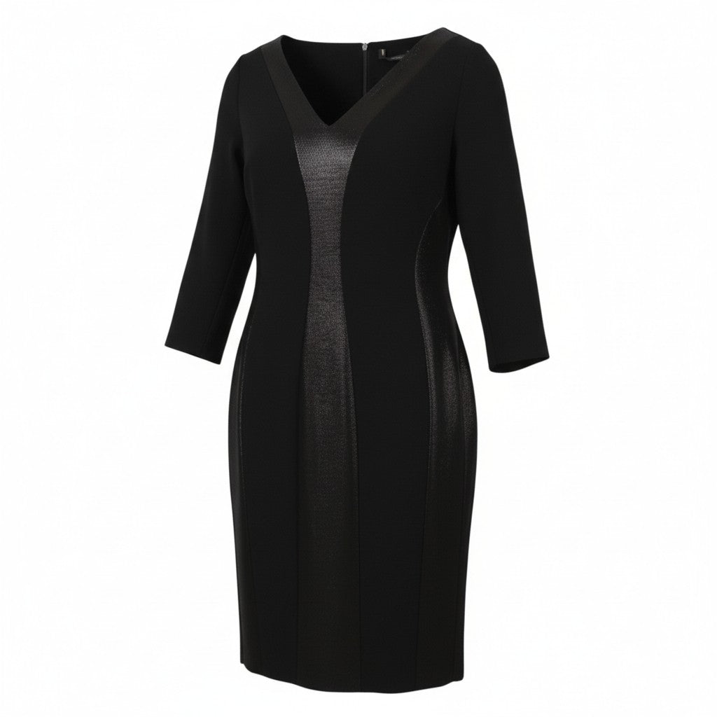 MARINA RINALDI Women Dress EU46 Black Wool Blend V-Neck 3/4 Sleeves Knee-Length