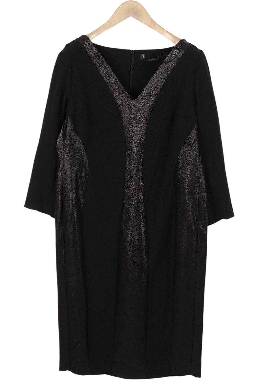 MARINA RINALDI Women Dress EU46 Black Wool Blend V-Neck 3/4 Sleeves Knee-Length