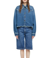 ALANUI Pacific Roads Cropped Denim Women Shirt S Blue Raw Hem Distressed RRP815