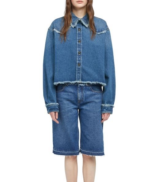 ALANUI Pacific Roads Cropped Denim Women Shirt S Blue Raw Hem Distressed RRP815