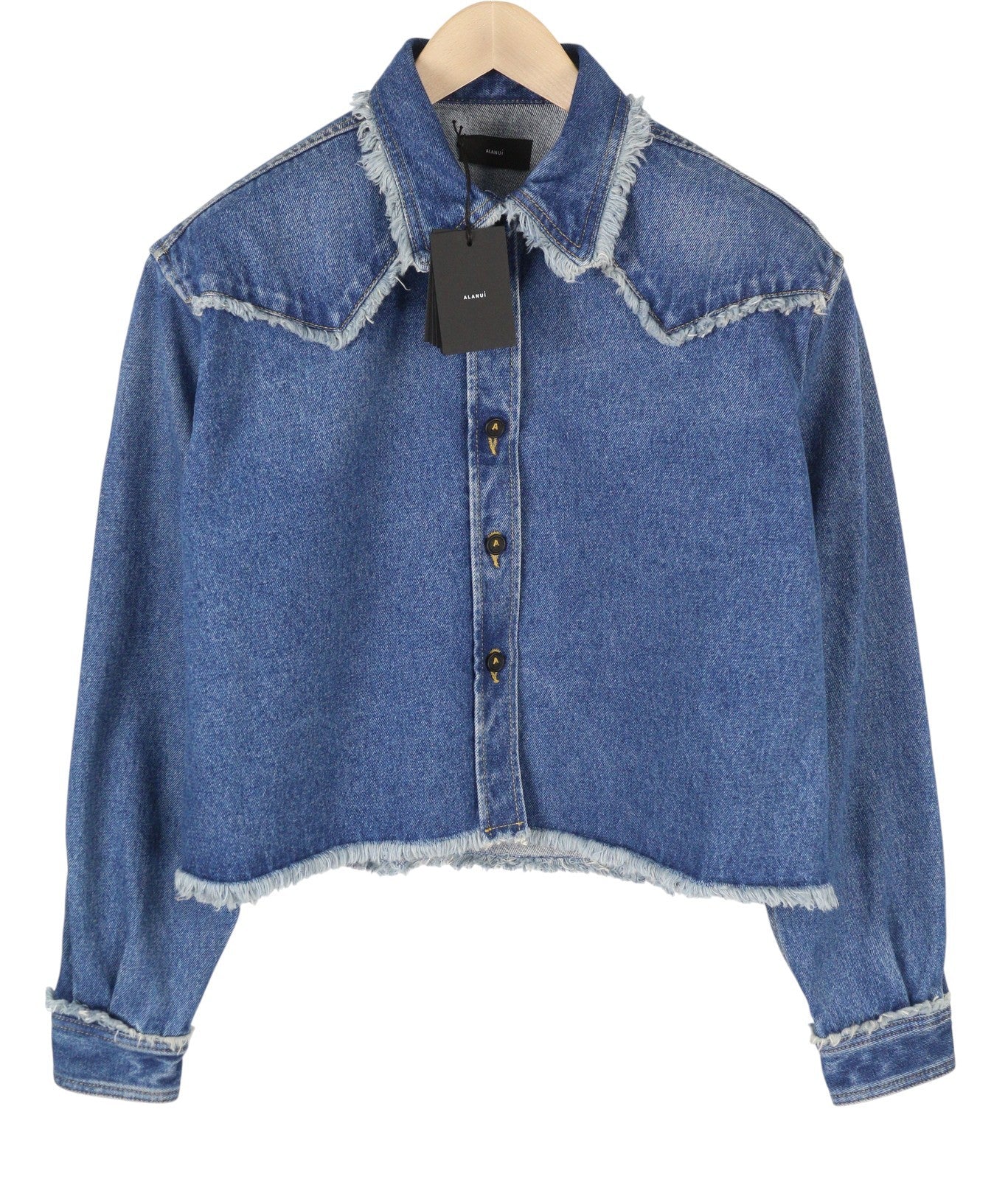 ALANUI Pacific Roads Cropped Denim Women Shirt S Blue Raw Hem Distressed RRP815