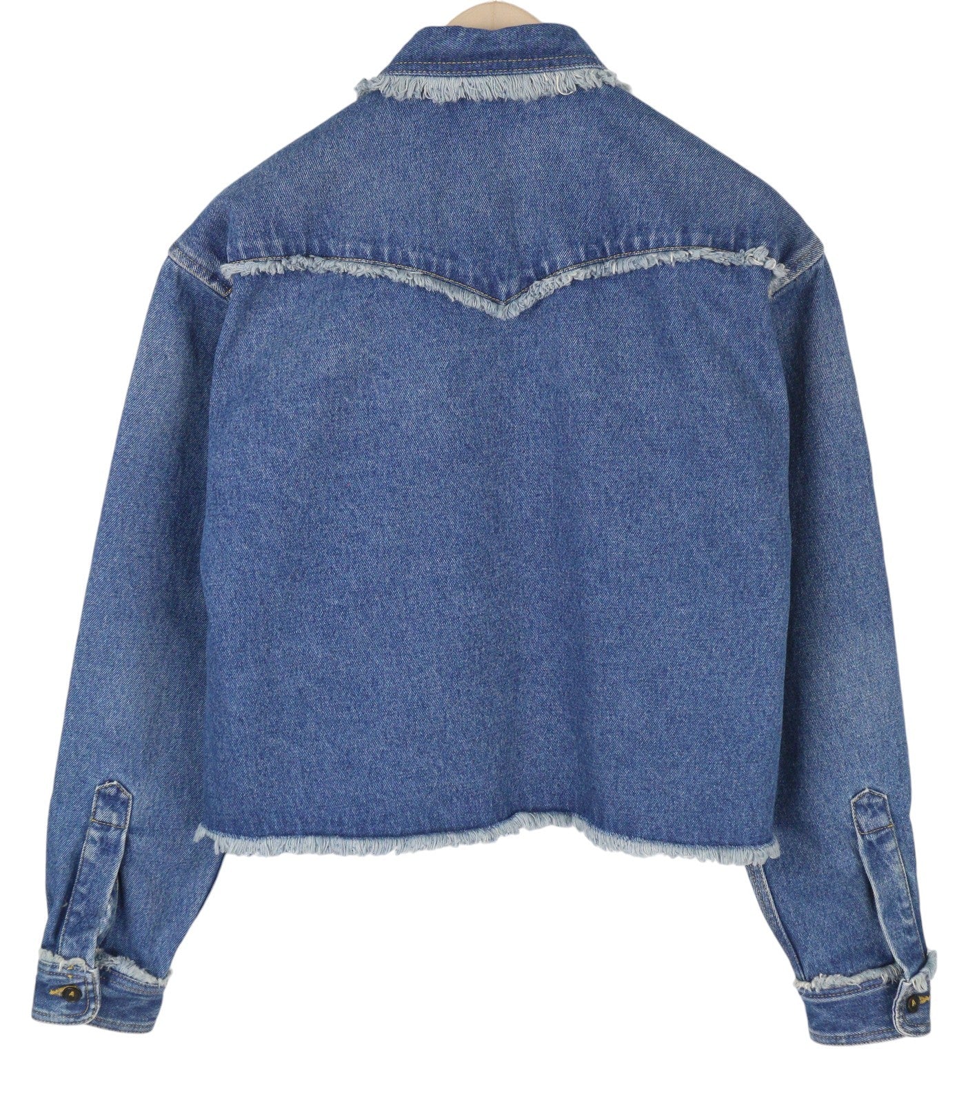 ALANUI Pacific Roads Cropped Denim Women Shirt S Blue Raw Hem Distressed RRP815