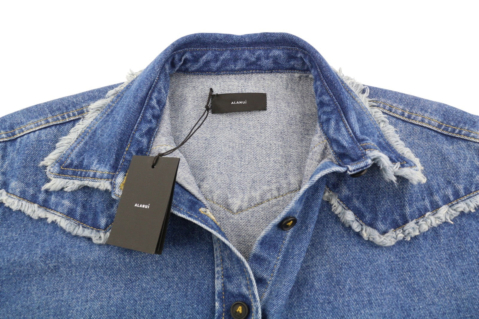 ALANUI Pacific Roads Cropped Denim Women Shirt S Blue Raw Hem Distressed RRP815