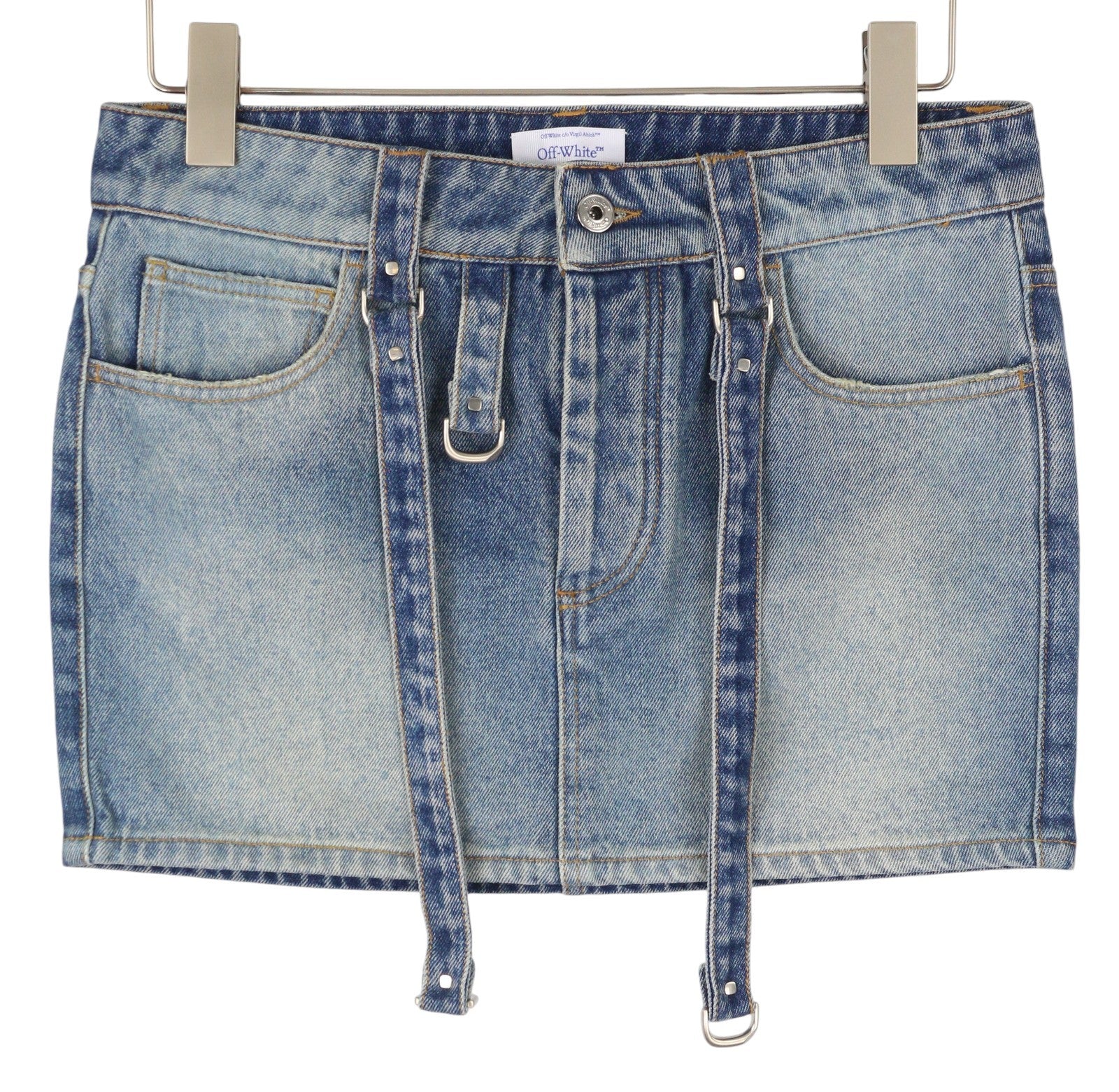 OFF-WHITE Cargo Mini Women Skirt 40 Blue Denim Faded Button Fly RRP499