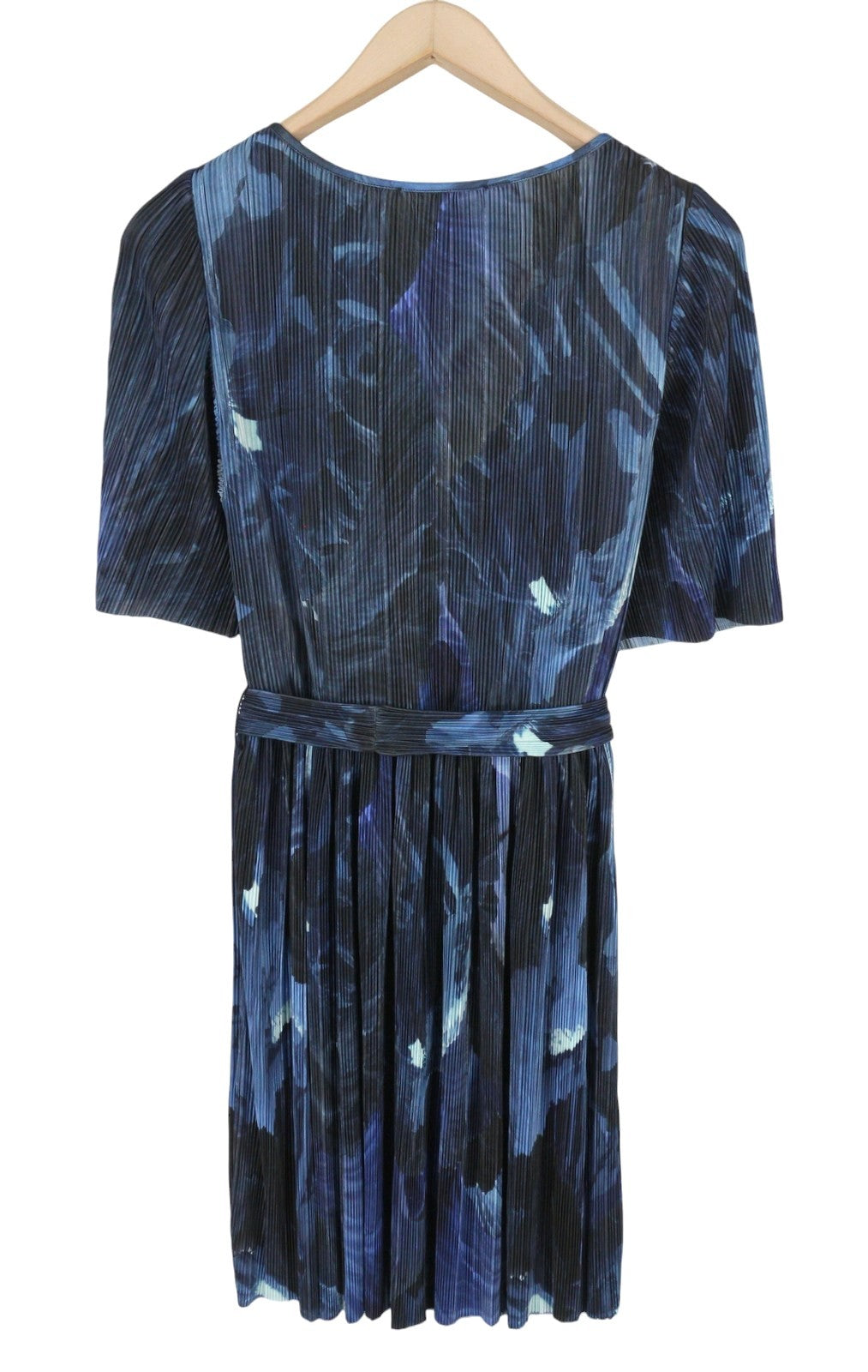 MAX&CO. Women Dress XS Blue Patterned Textured Belted Short Sleeve Knee-Length