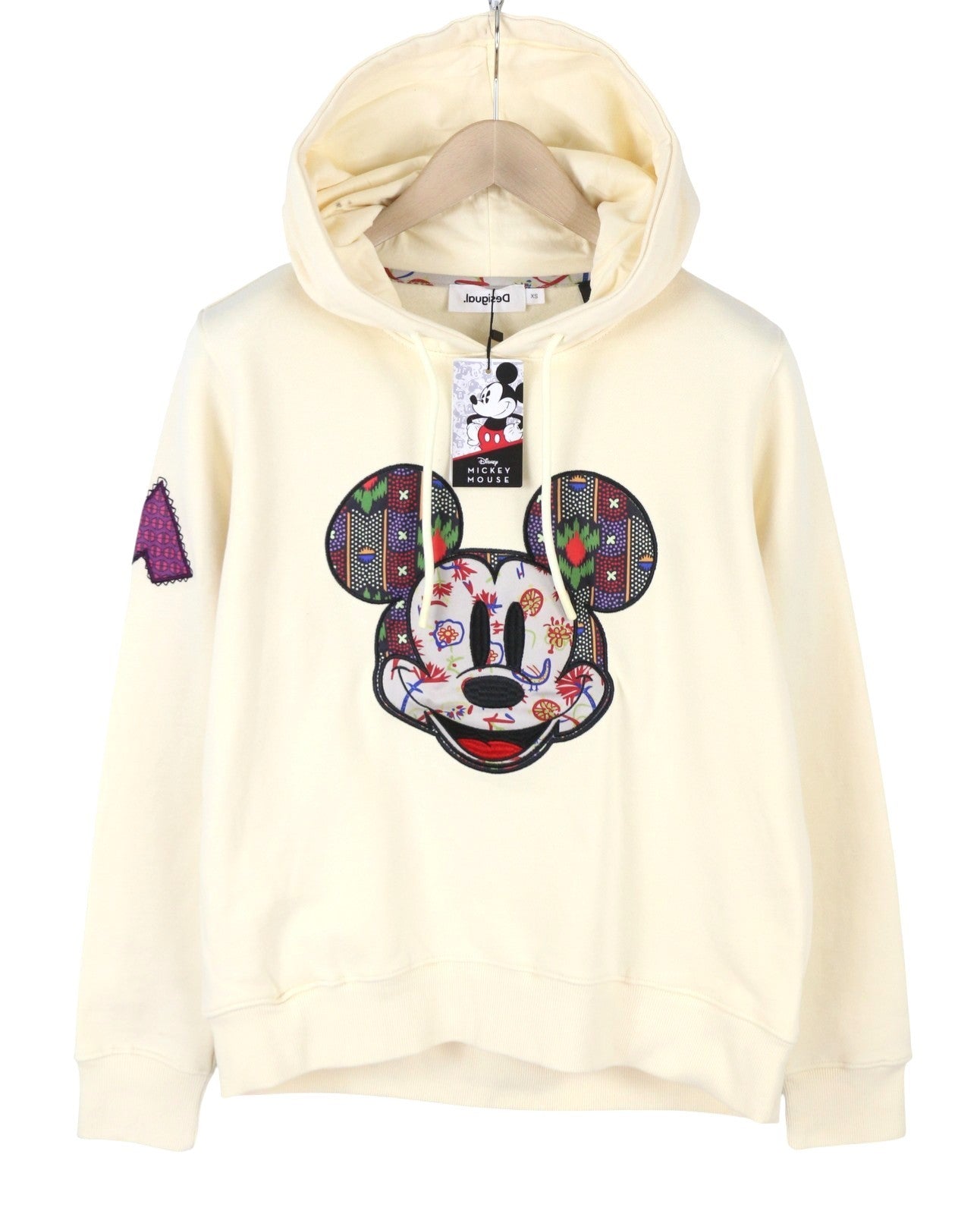DESIGUAL Disney Face Patch Mickey Mouse Women Hoodie XS Beige Oversized Pull On