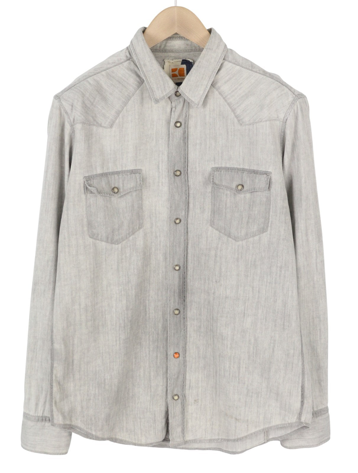 HUGO BOSS EdaE Men Shirt L Light Grey Washed Snap Button Western Collar