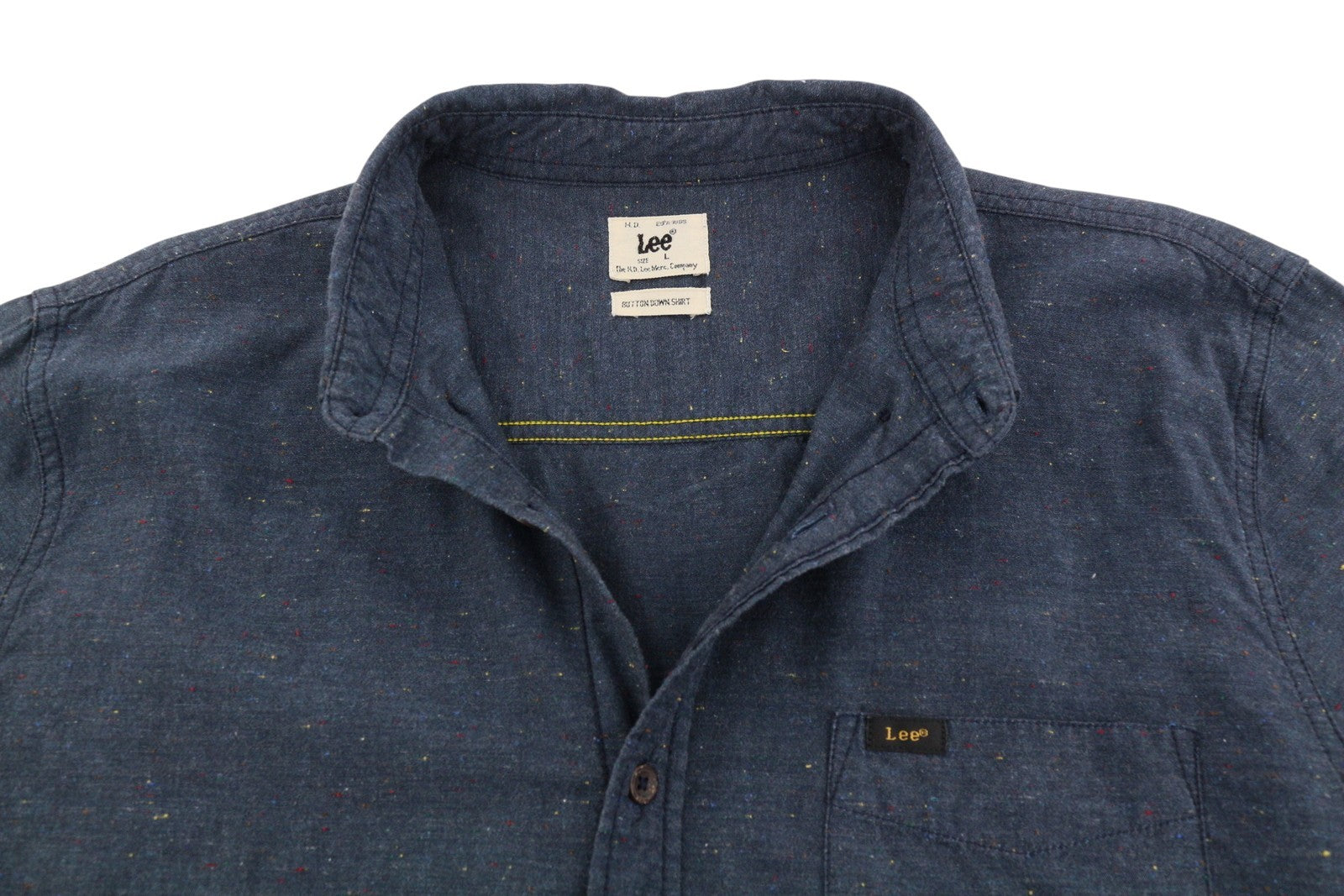 LEE Button Down Men Shirt L Dark Blue Print Patch Pocket Logo Casual