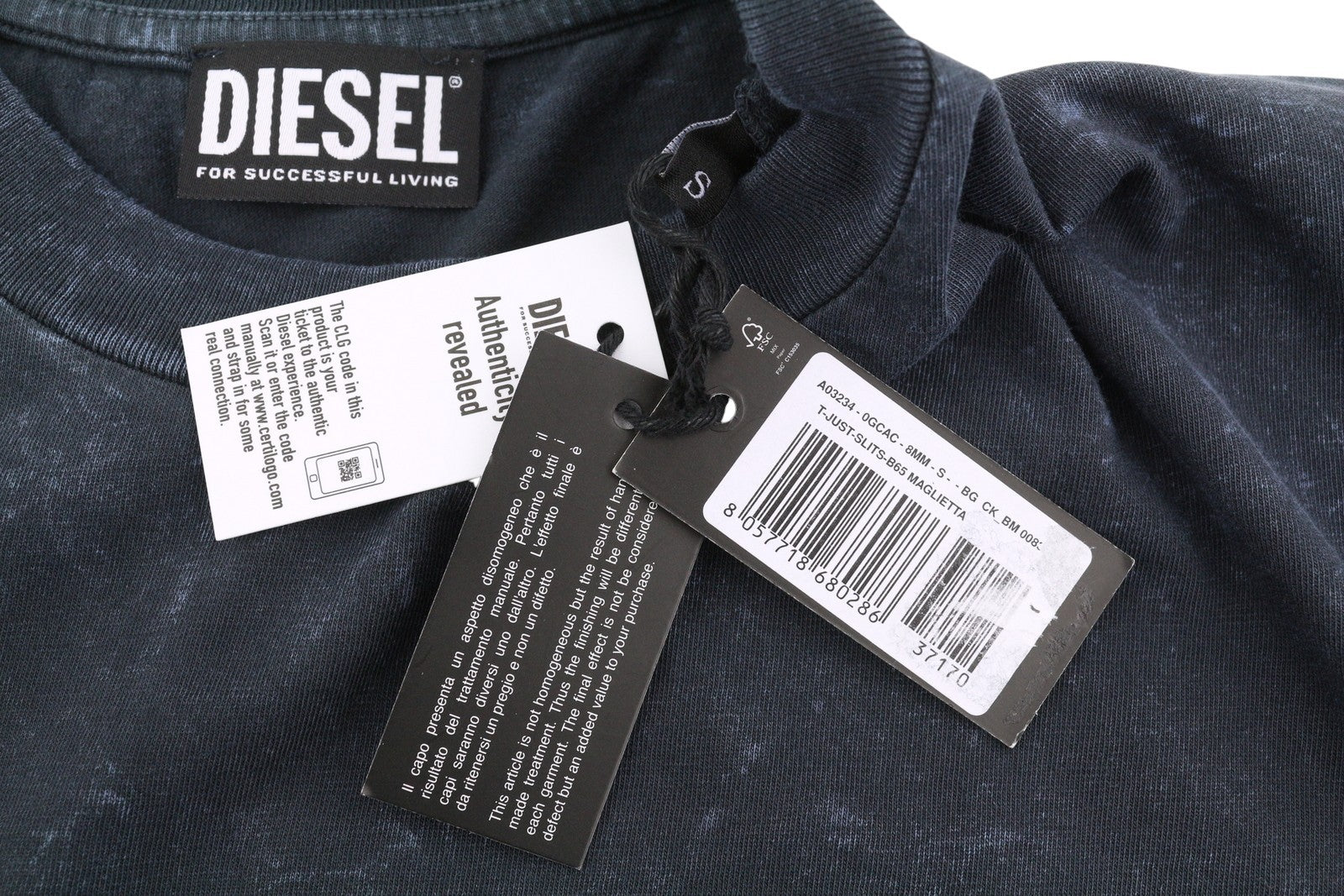 DIESEL T-Just-Slits-B65 Men T-Shirt S Dark Blue Crew Neck Wash Effect