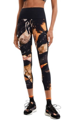 DESIGUAL Flore Women Leggings S Black Digital Mineral Effect Print Cropped