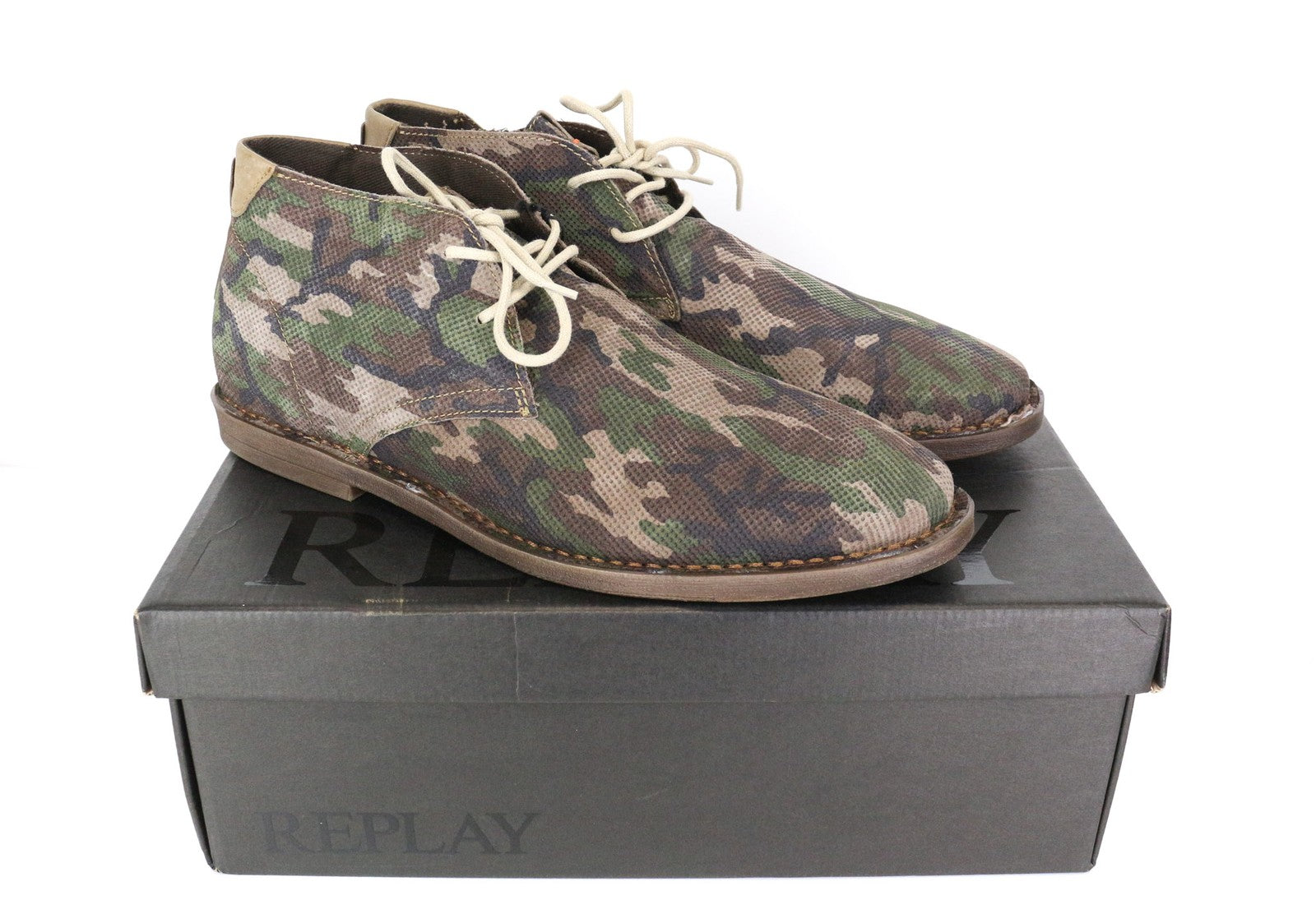 REPLAY Men Casual Shoes EU46 Brown Leather High Top Camo Lace-Up