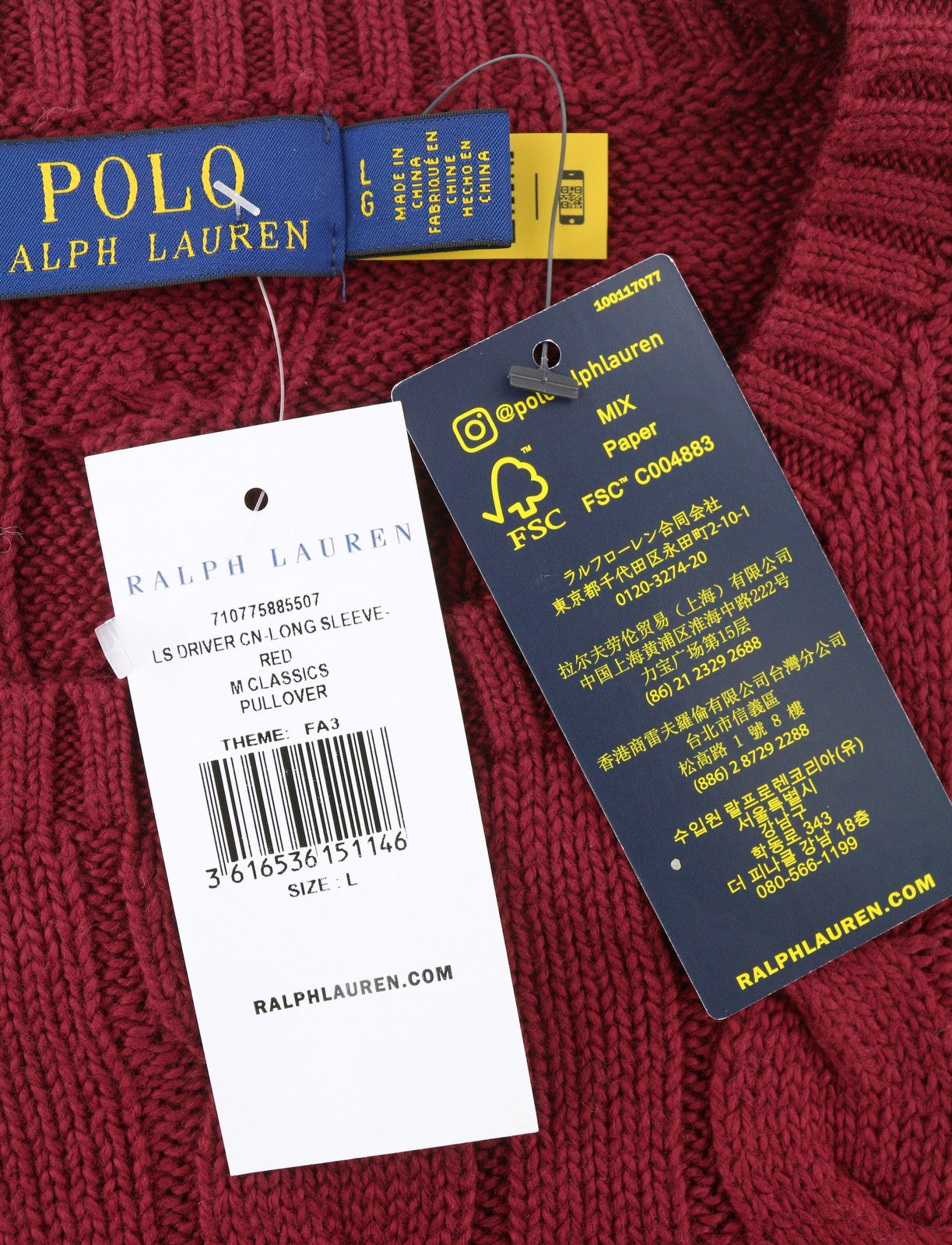 RALPH LAUREN Driver Cn-Long Sleeve Red Men Jumper L Burgundy Pullover RRP214