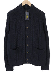 RALPH LAUREN Men Jumper L Dark Blue Cable Knit Button Cardigan Pockets RRP329