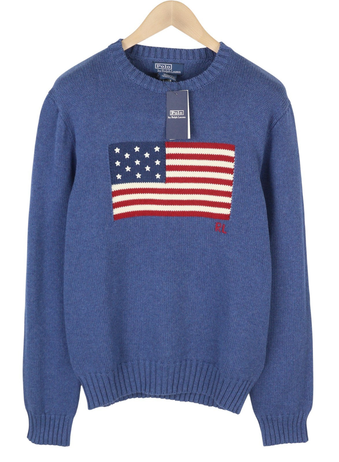 RALPH LAUREN Classics Blue Men Jumper L Cotton USA Flag Knit Pull On RRP499