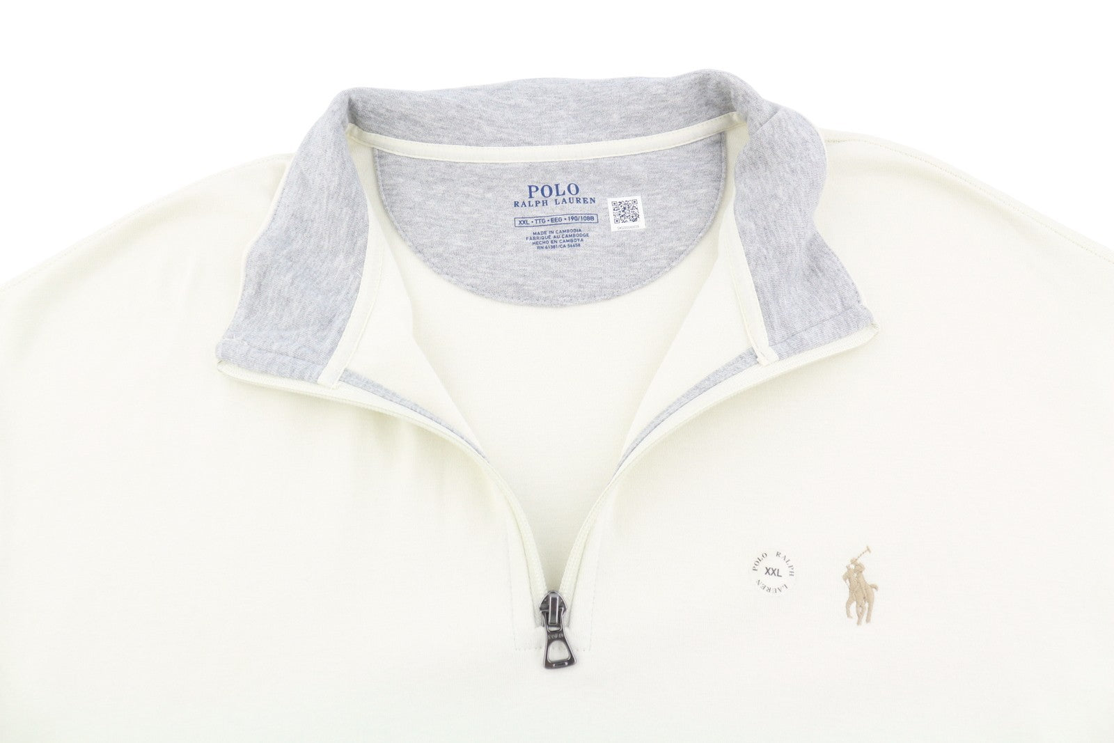 RALPH LAUREN Men Sweatshirt 2XL Cream High Neck Half Zip Logo Pull On RRP199