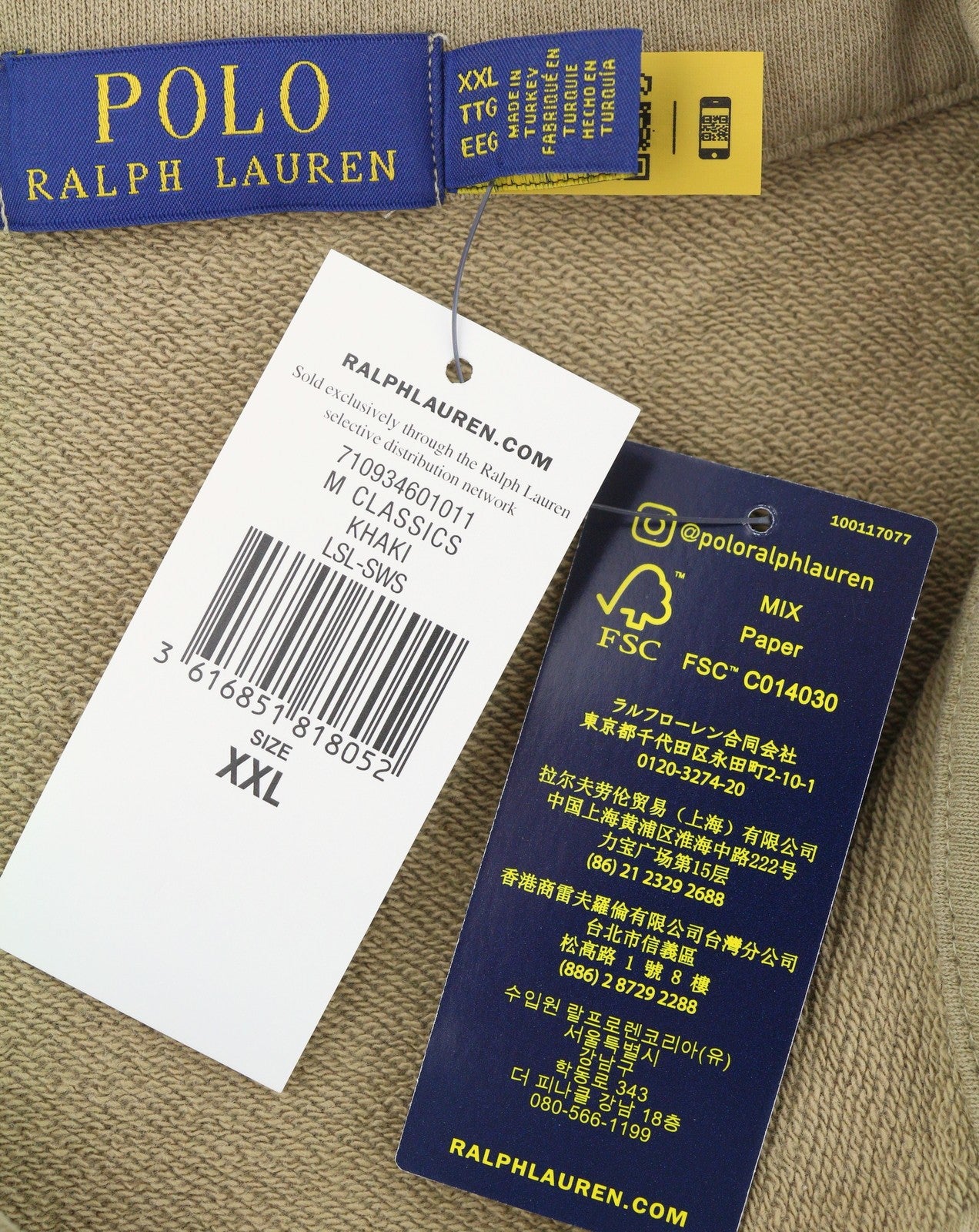 RALPH LAUREN Classics Khaki Men Sweatshirt 2XL Polo Half Zip Knit RRP199