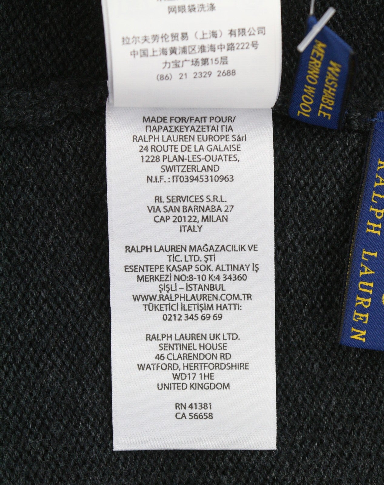 RALPH LAUREN Men Hat 47 CM Dark Grey Melange Washable Merino Knit Beanie