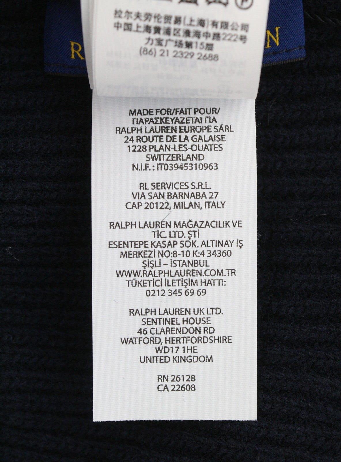 RALPH LAUREN Signature Cuff Men Hat 52 CM Dark Blue Wool Blend Knit Beanie