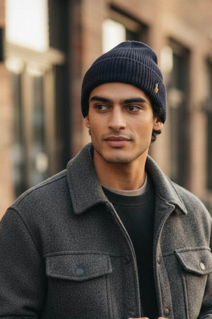 RALPH LAUREN Signature Cuff Men Hat 52 CM Dark Blue Wool Blend Knit Beanie