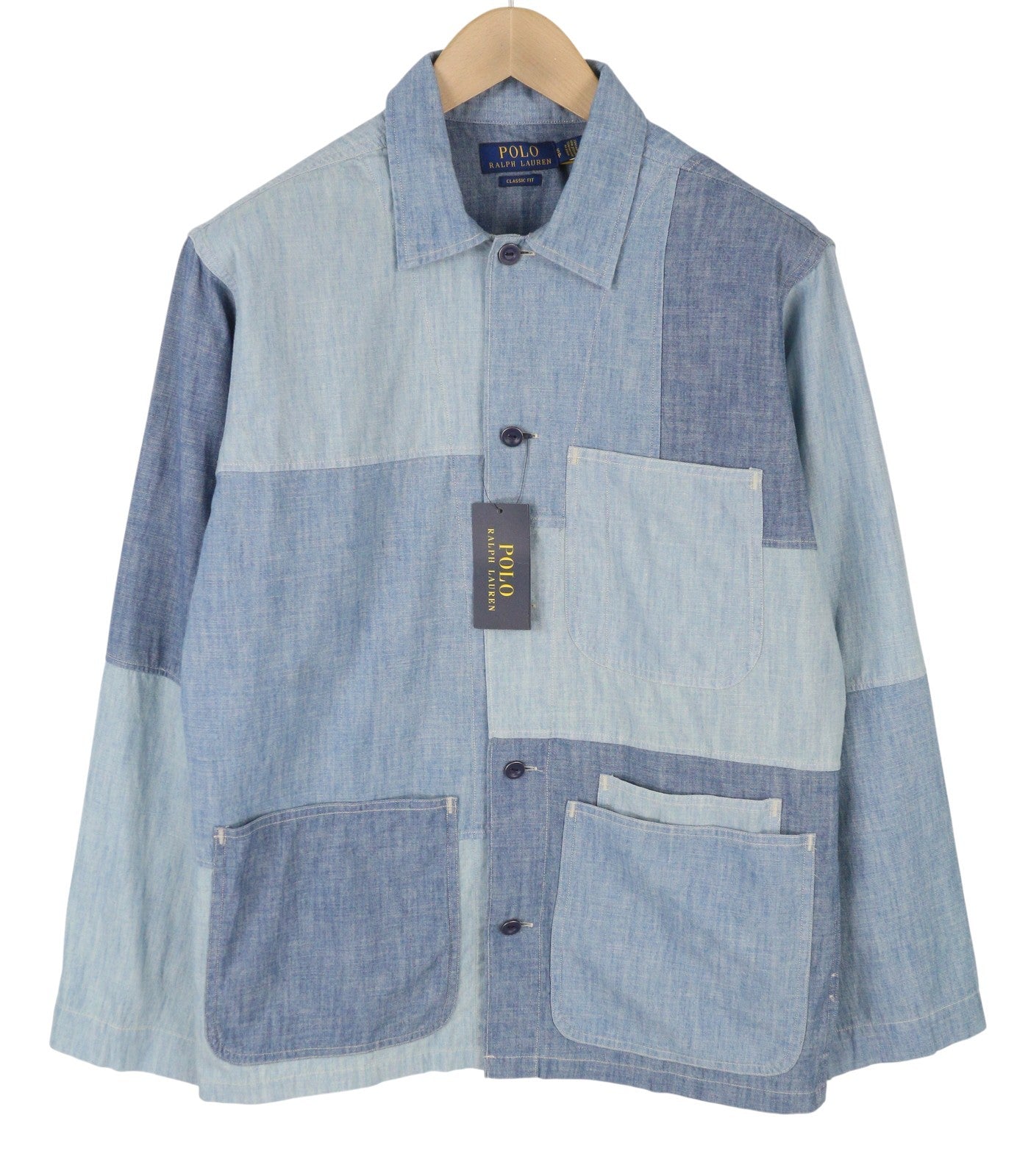 RALPH LAUREN Men Shirt S Blue Faded Patchwork Spread Collar RRP199