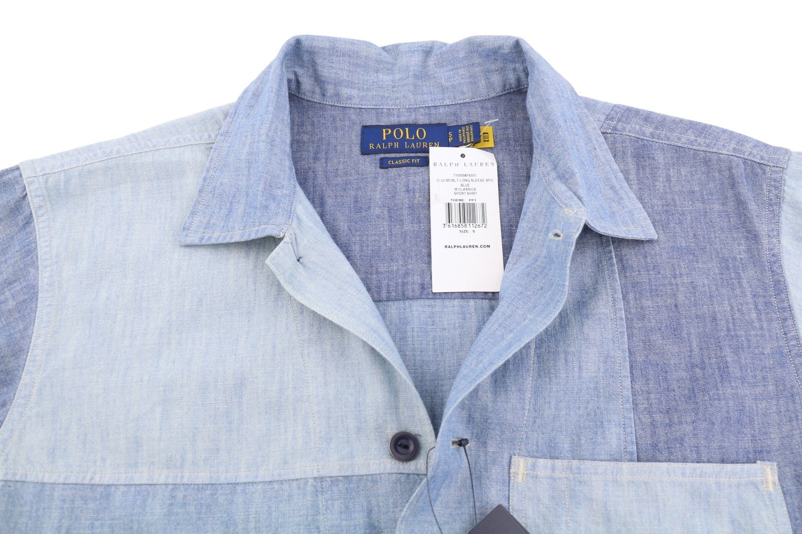 RALPH LAUREN Men Shirt S Blue Faded Patchwork Spread Collar RRP199