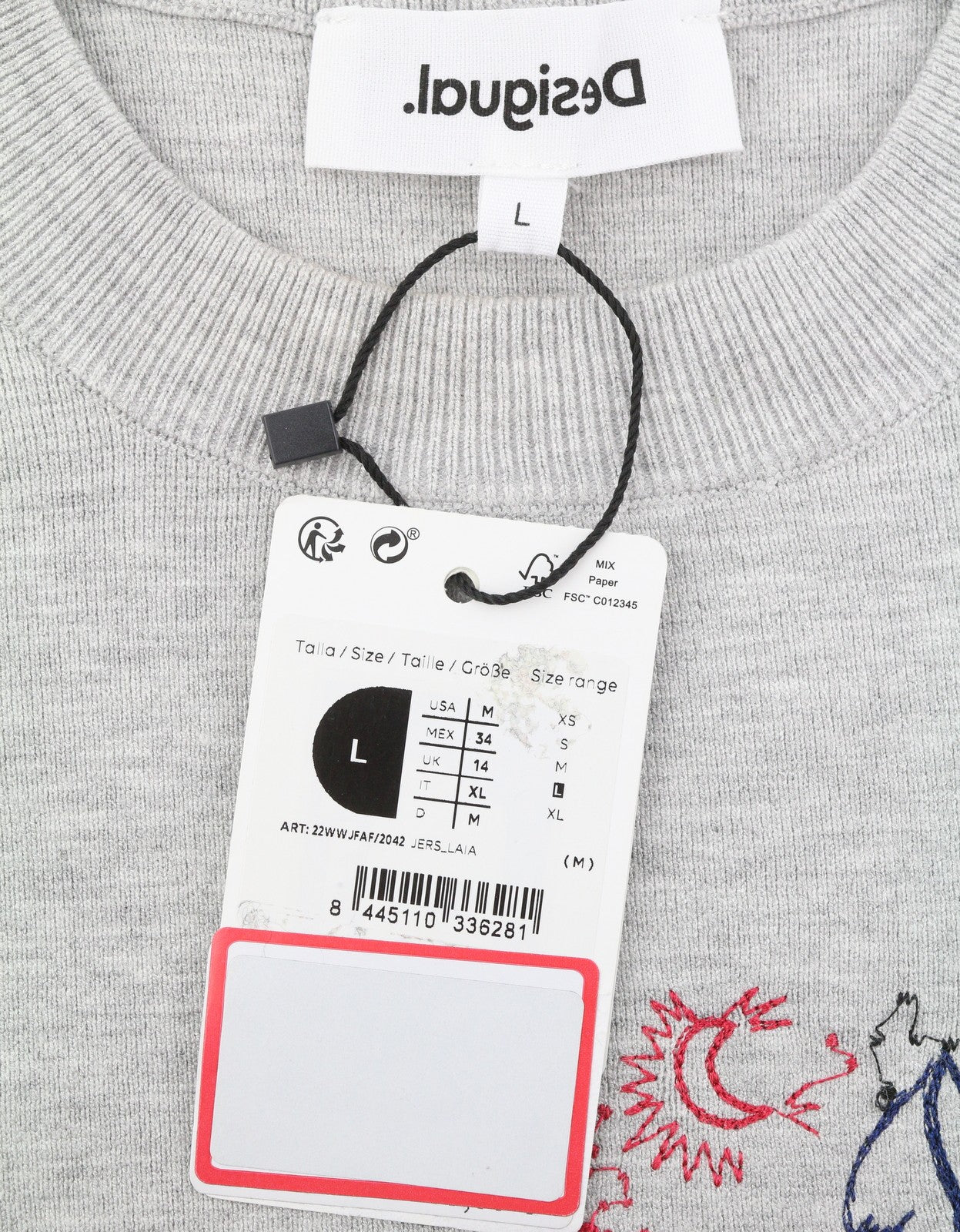 DESIGUAL Jers Laia Women Jumper L Melange Grey Embroidered Knit Pull On