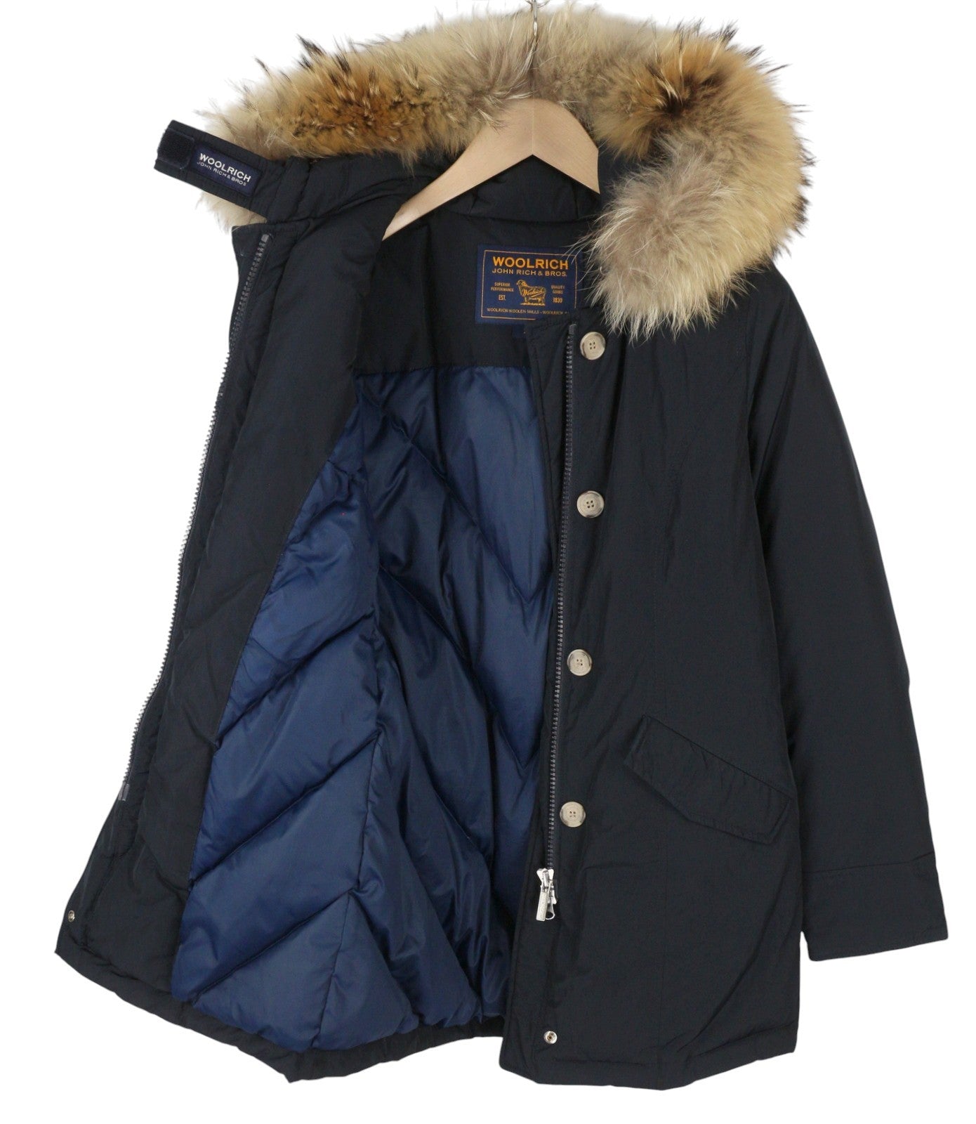 WOOLRICH Women Jacket XS Dark Blue Down Filled Fur Hood Full Zip