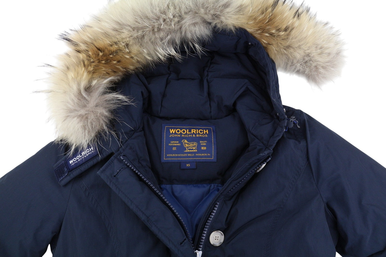 WOOLRICH Women Jacket XS Dark Blue Down Filled Fur Hood Full Zip