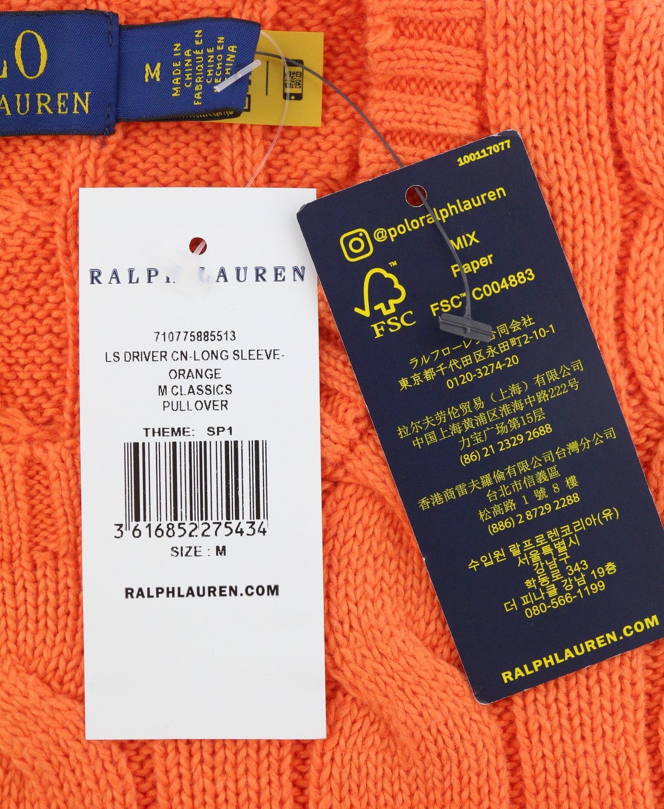 RALPH LAUREN Driver Cn-Long Sleeve Orange Men Jumper M Cable Pullover RRP214